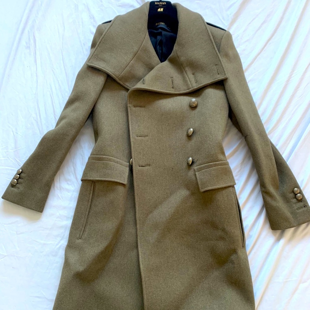 Balmain x HM double breasted olive military coat